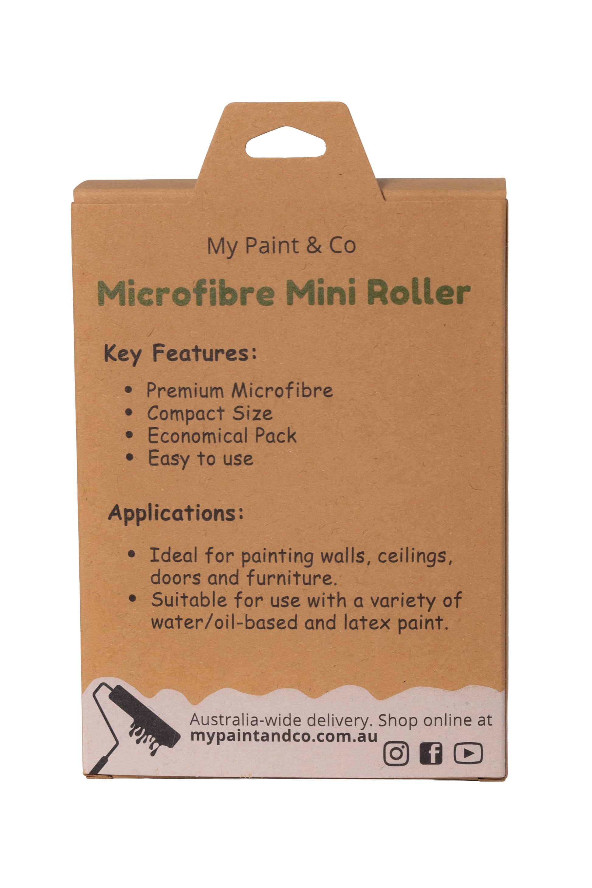 Cardboard packaging of My Paint & Co Microfibre Mini Roller with features and applications listed.