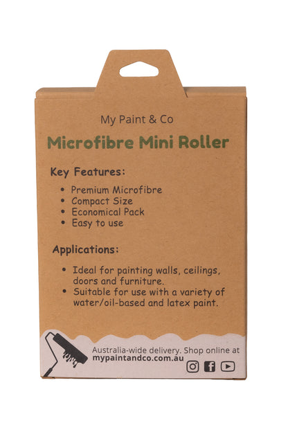 Cardboard packaging of My Paint & Co Microfibre Mini Roller with features and applications listed.