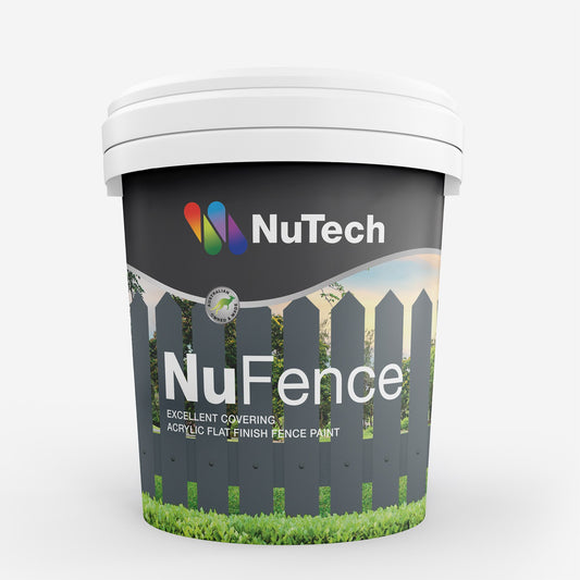 Bucket of NuTech NuFence paint with a fence and grass design on the label.