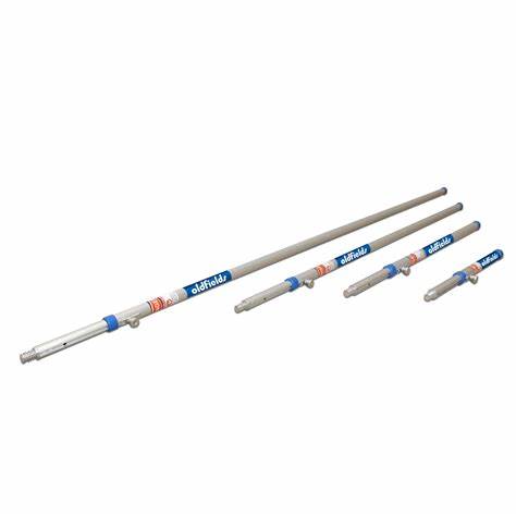 A set of aluminum extension poles with a blue and silver color scheme, designed for use with roller frames for painting high surfaces.