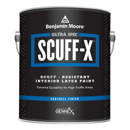 A container of Benjamin Moore Ultra Spec SCUFF-X interior latex paint in eggshell finish, primarily black in color with blue and white text, and branding details.