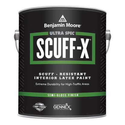 A container of Benjamin Moore Ultra Spec SCUFF-X interior latex paint in semi-gloss finish.